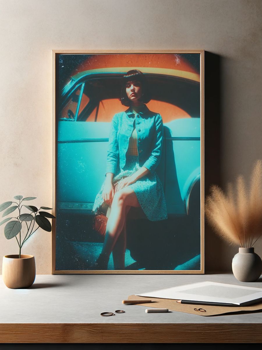 Retro Woman by Car Poster. — room view 2