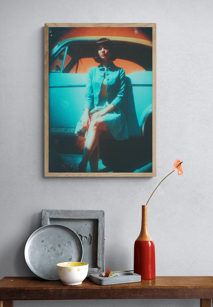 Retro Woman by Car Poster. — room view 3