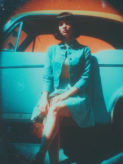 Retro Woman by Car Poster. poster print
