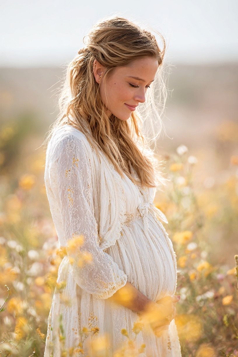 Pregnant Woman in Wildflowers Photography Poster. poster detail
