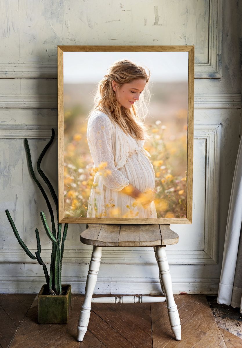 Pregnant Woman in Wildflowers Photography Poster. — room view 1