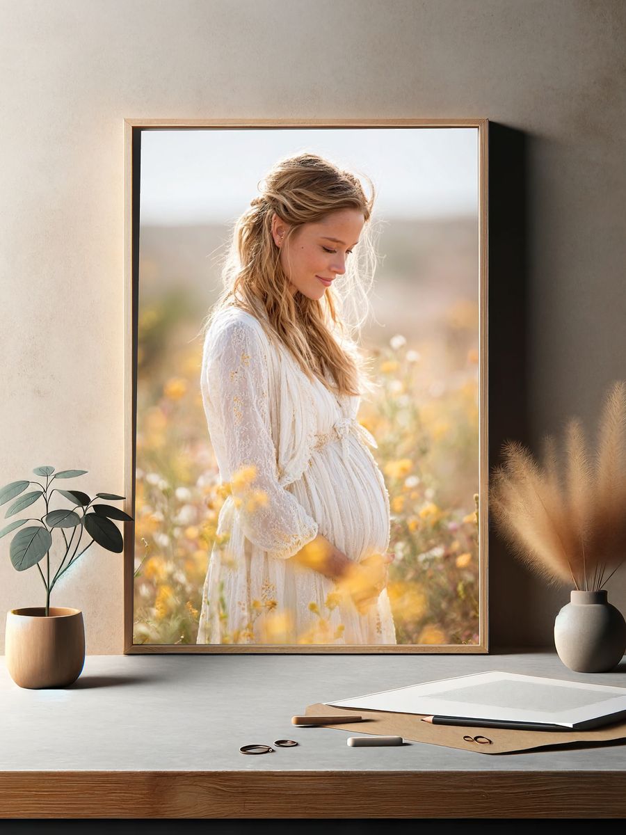 Pregnant Woman in Wildflowers Photography Poster. — room view 2