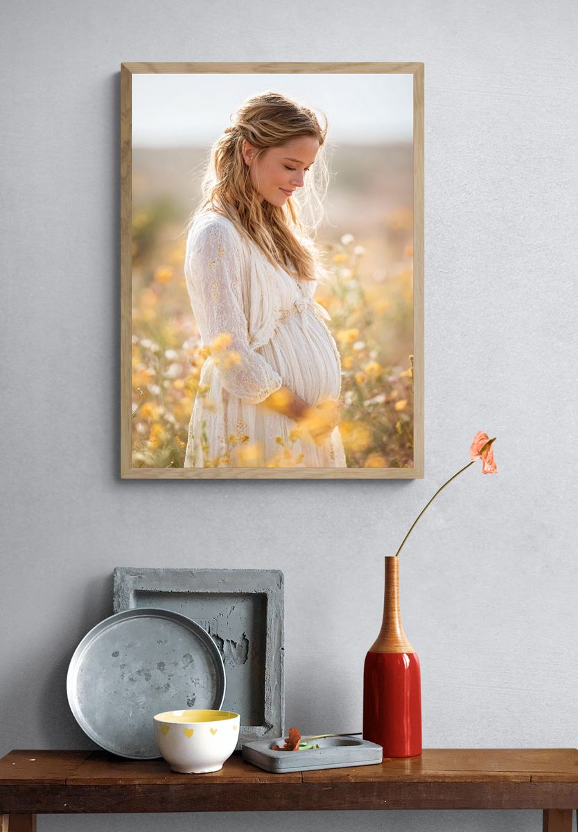 Pregnant Woman in Wildflowers Photography Poster. — room view 3