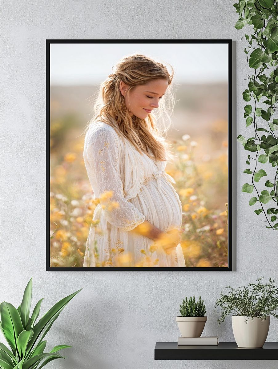 Pregnant Woman in Wildflowers Photography Poster. — room view 4