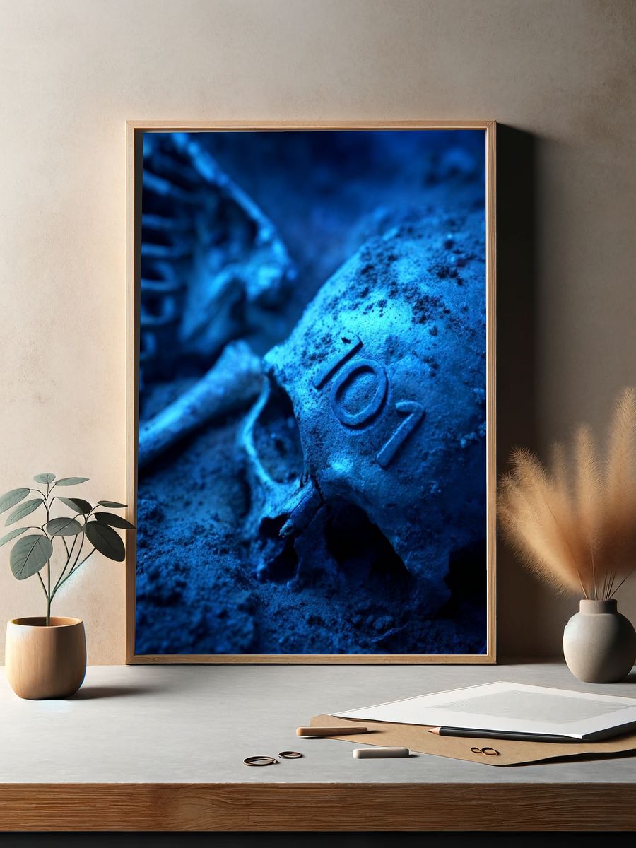Blue Skull Macro Photography Poster. — room view 2