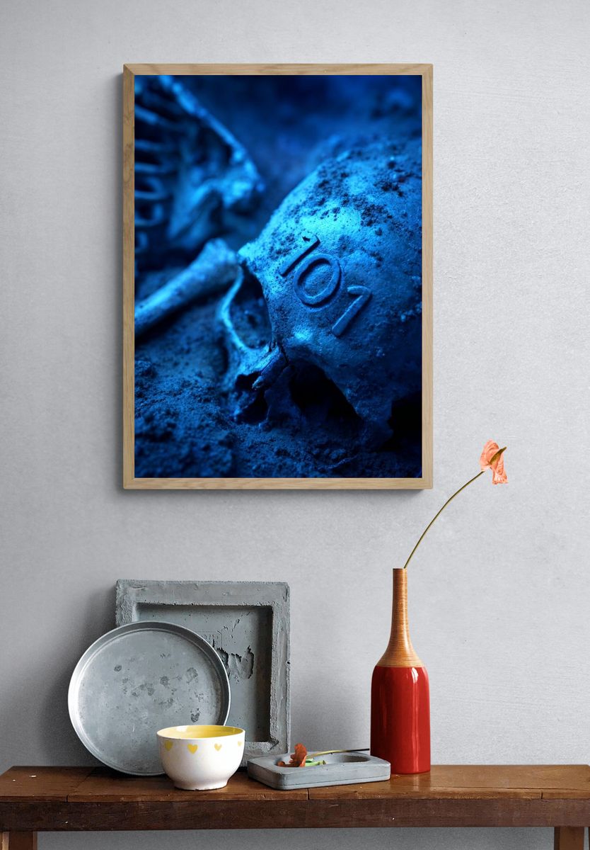 Blue Skull Macro Photography Poster. — room view 3