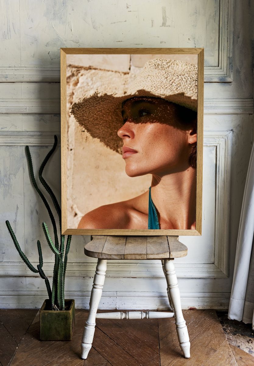 Sunlit Straw Hat Portrait Print. — room view 1
