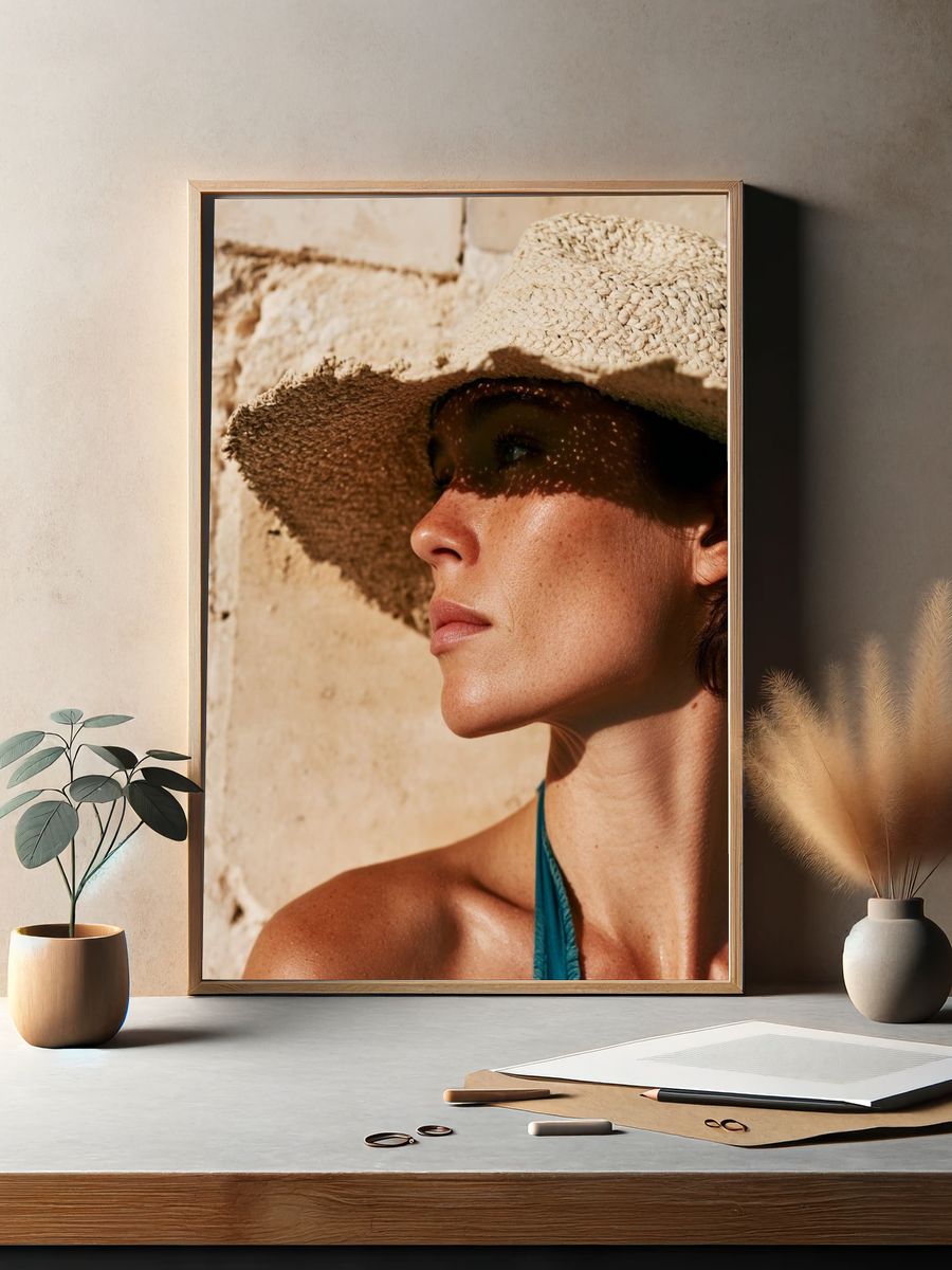 Sunlit Straw Hat Portrait Print. — room view 2