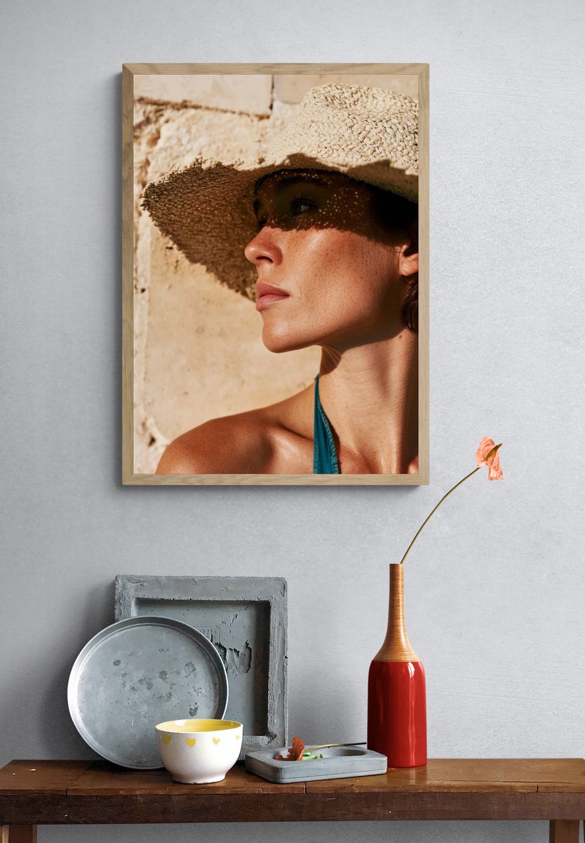 Sunlit Straw Hat Portrait Print. — room view 3