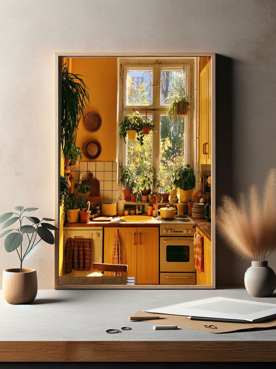 Sunlit Boho Kitchen Interior Print. — room view 2