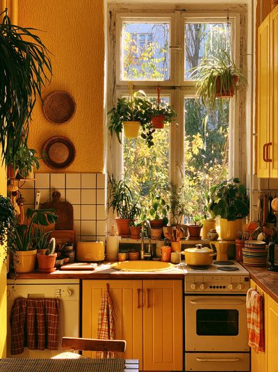 Sunlit Boho Kitchen Interior Print. poster print