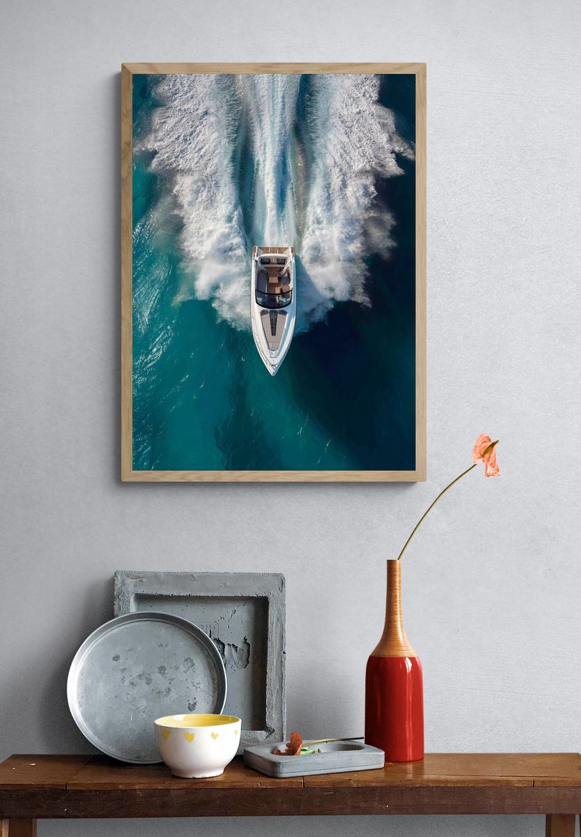 Luxury Speedboat Aerial Photography Poster. — room view 3