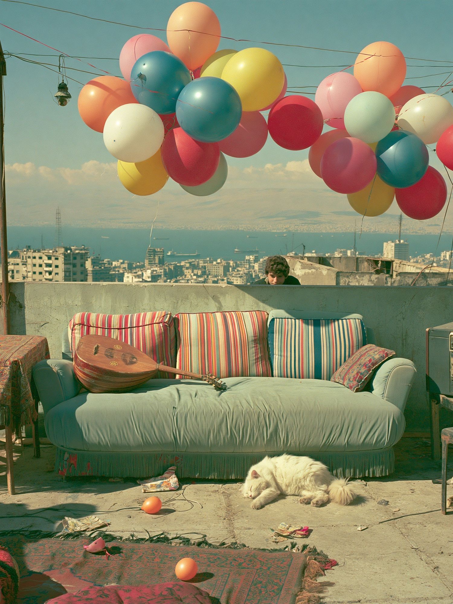 Rooftop Balloons Cityscape Photography Poster. poster detail