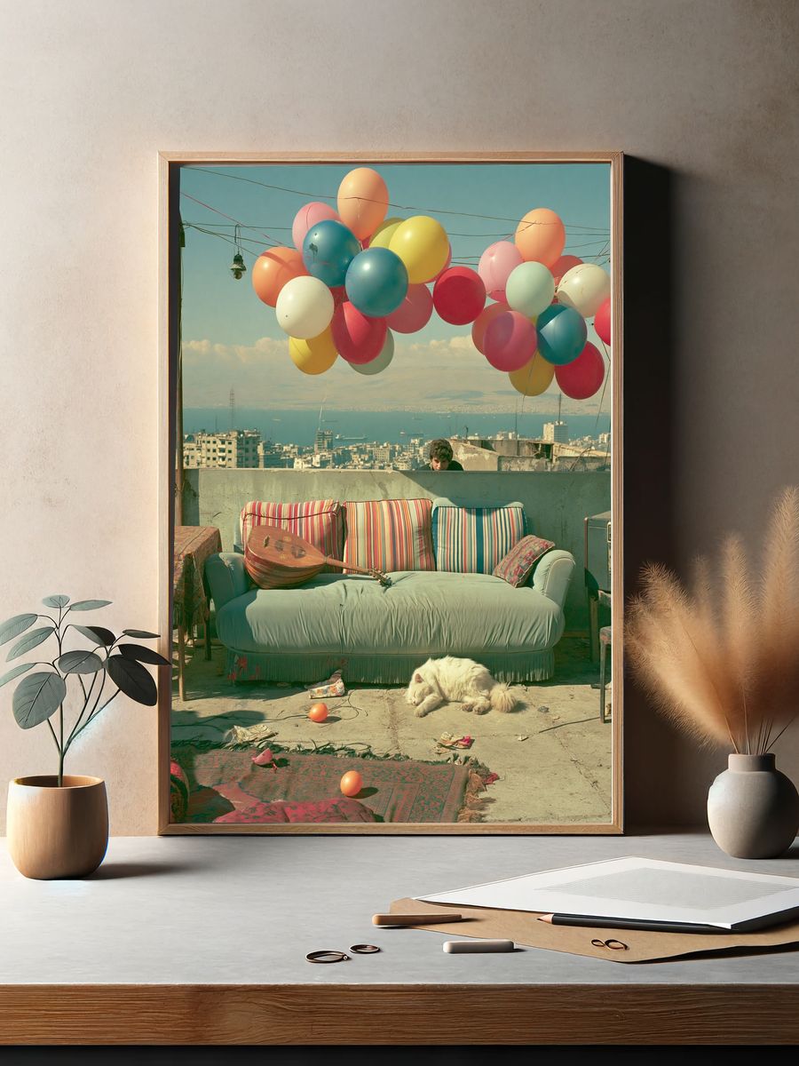 Rooftop Balloons Cityscape Photography Poster. — room view 2