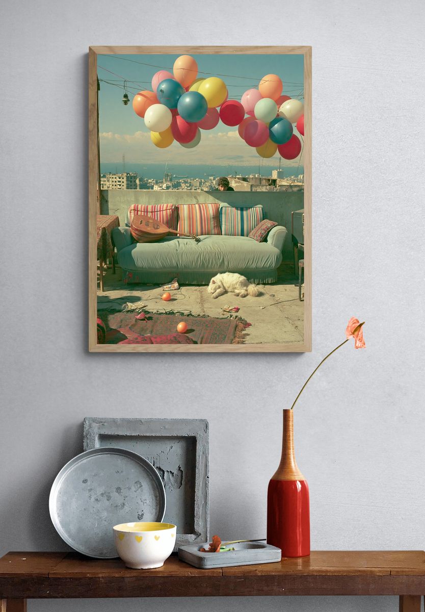 Rooftop Balloons Cityscape Photography Poster. — room view 3