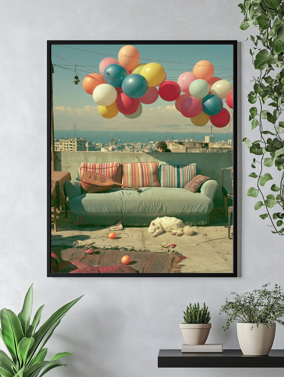 Rooftop Balloons Cityscape Photography Poster. — room view 4