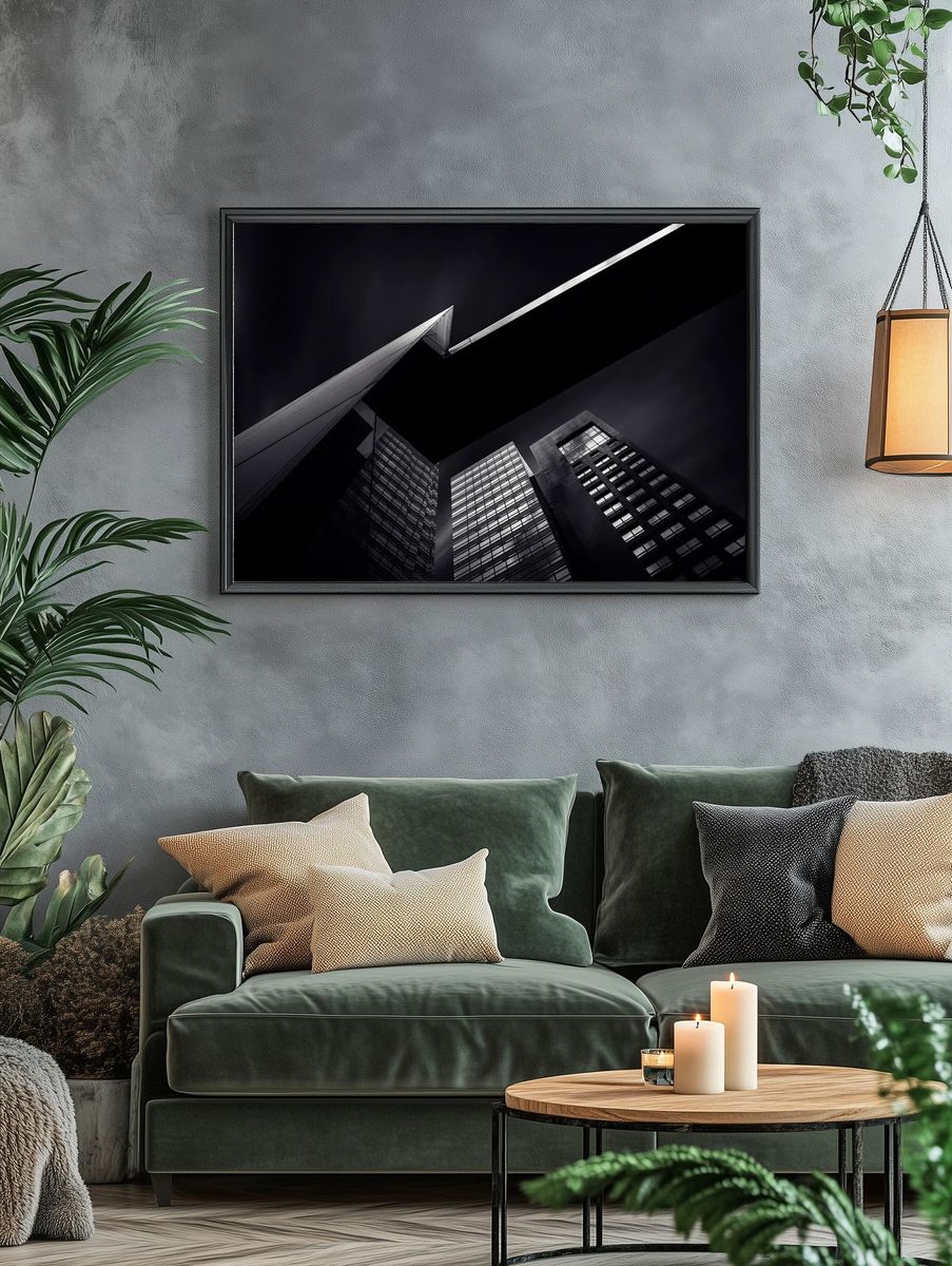 Monochrome City Towers Photography Poster. — room view 4