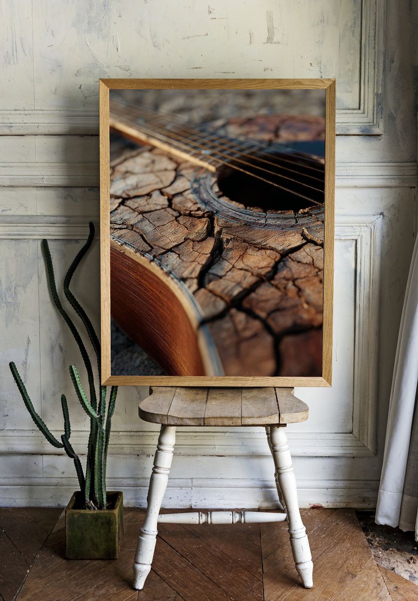 Weathered Guitar Close-Up Photography Poster. — room view 1