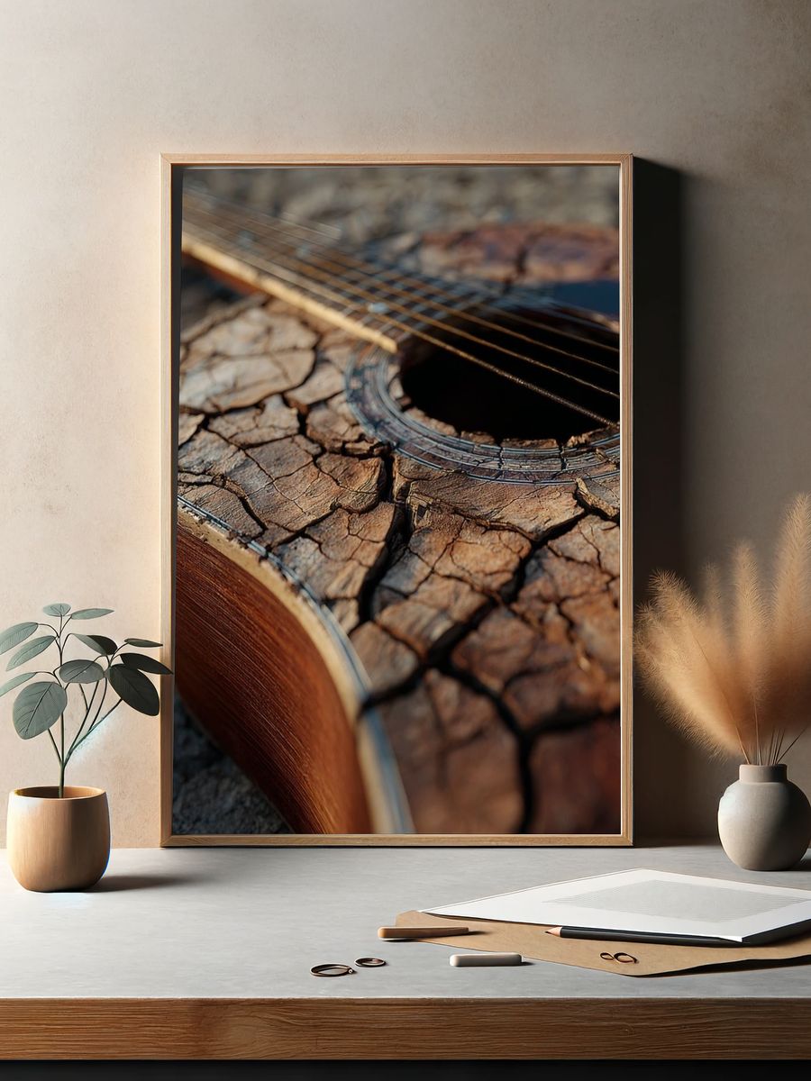 Weathered Guitar Close-Up Photography Poster. — room view 2