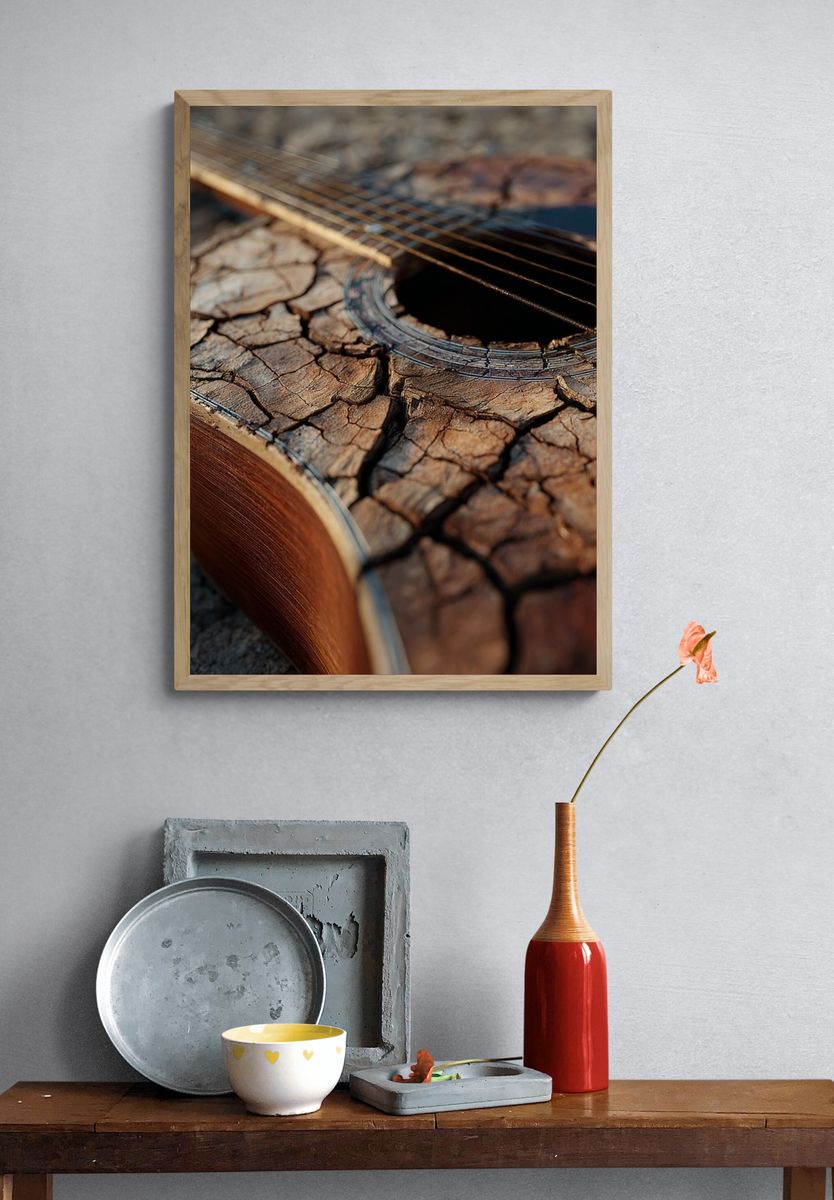 Weathered Guitar Close-Up Photography Poster. — room view 3