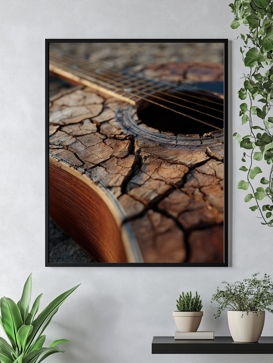 Weathered Guitar Close-Up Photography Poster. — room view 4