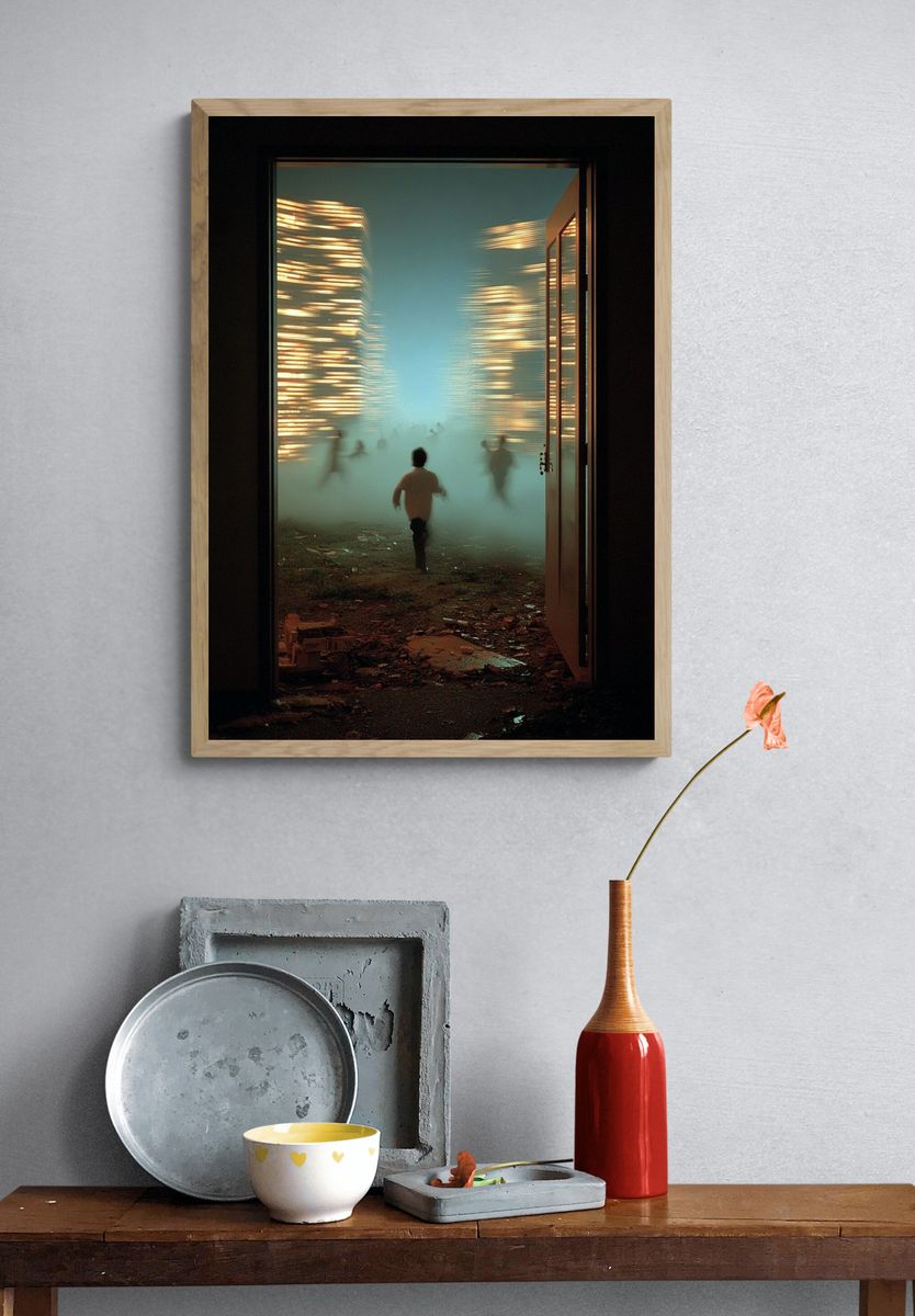 Foggy Doorway Run Photography Poster. — room view 3