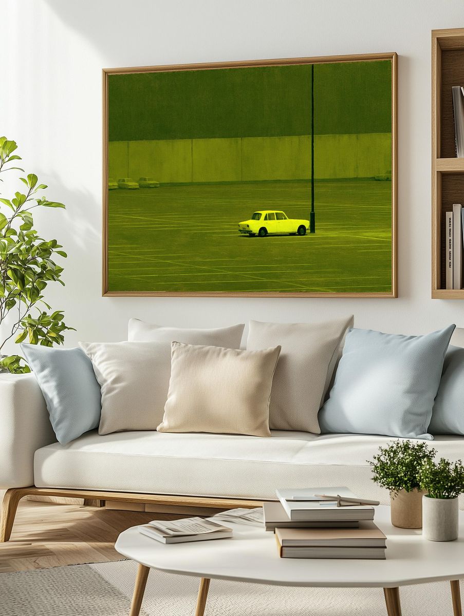 Lonely Car in Parking Lot Photography Poster. — room view 2