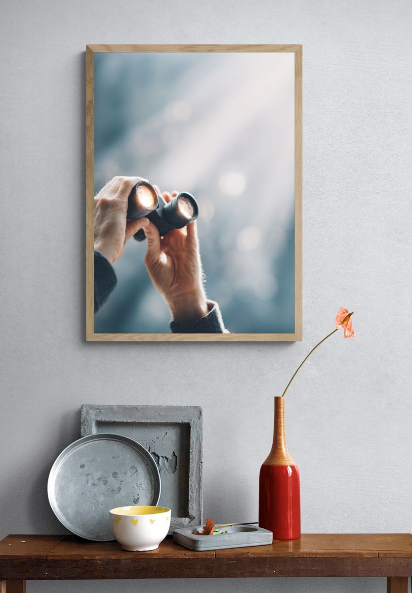 Hands with Binoculars Photography Poster. — room view 3