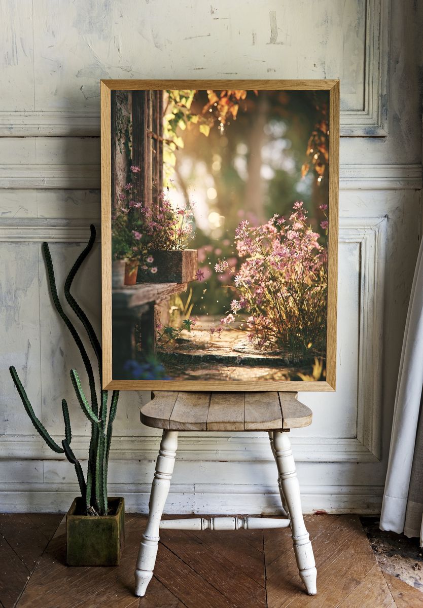 Sunlit Garden Path Photography Poster. — room view 1