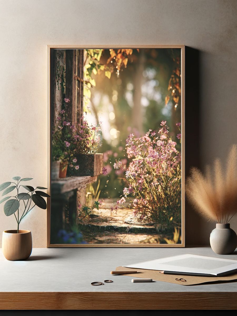 Sunlit Garden Path Photography Poster. — room view 2