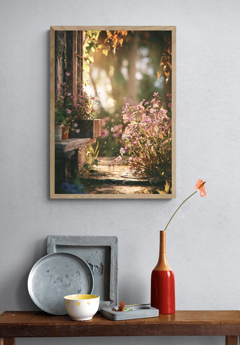 Sunlit Garden Path Photography Poster. — room view 3