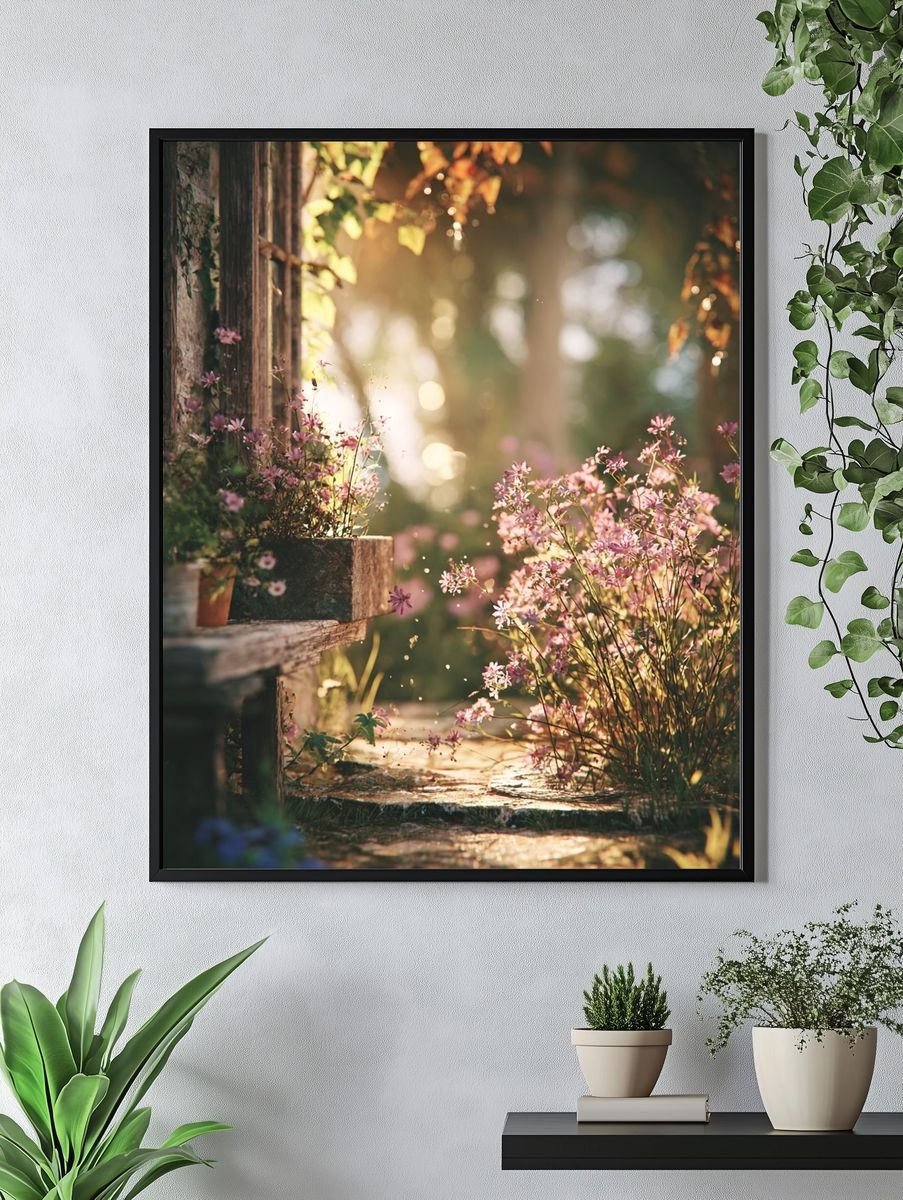 Sunlit Garden Path Photography Poster. — room view 4