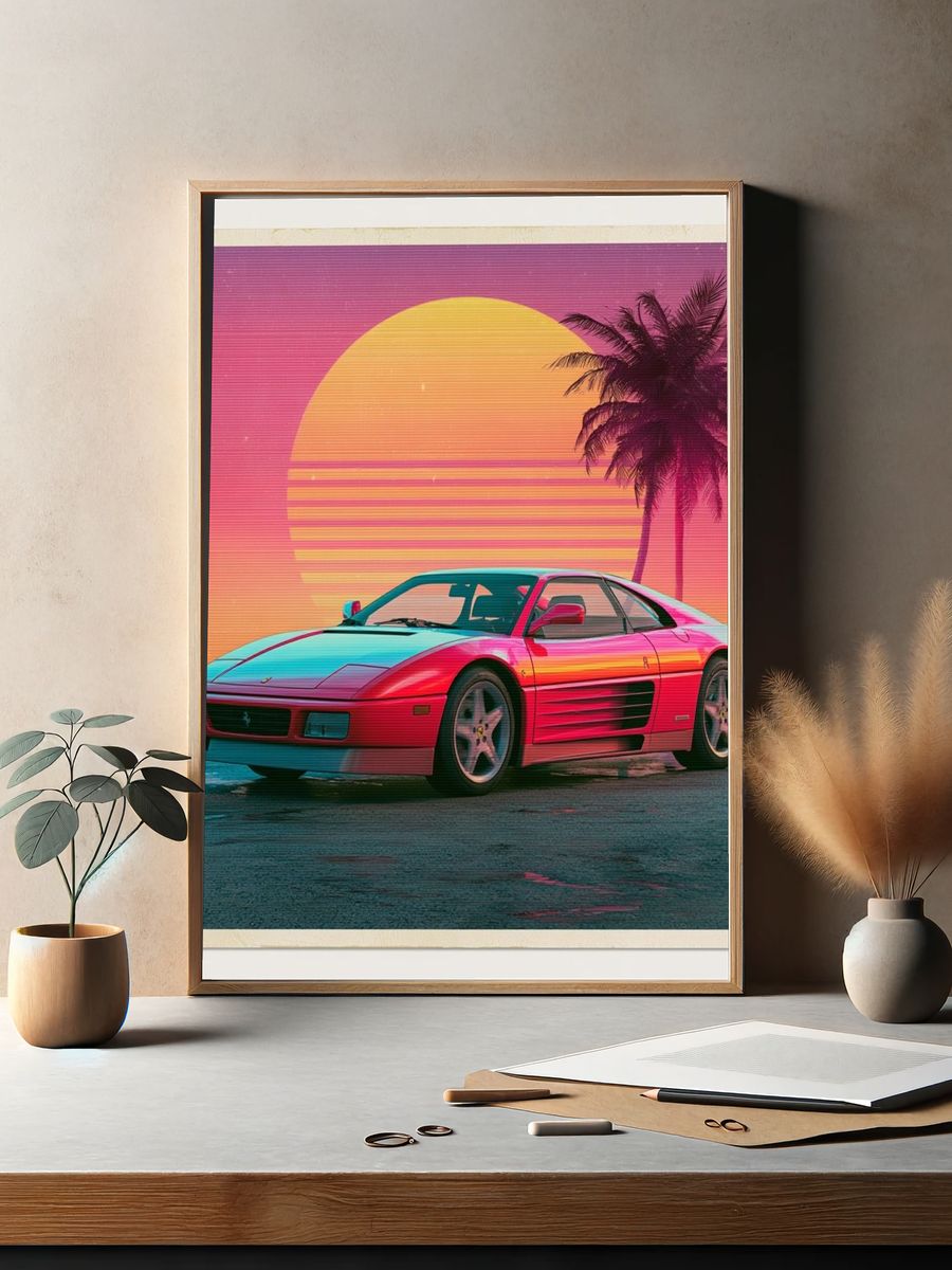 Neon Ferrari Sunset Poster. — room view 2