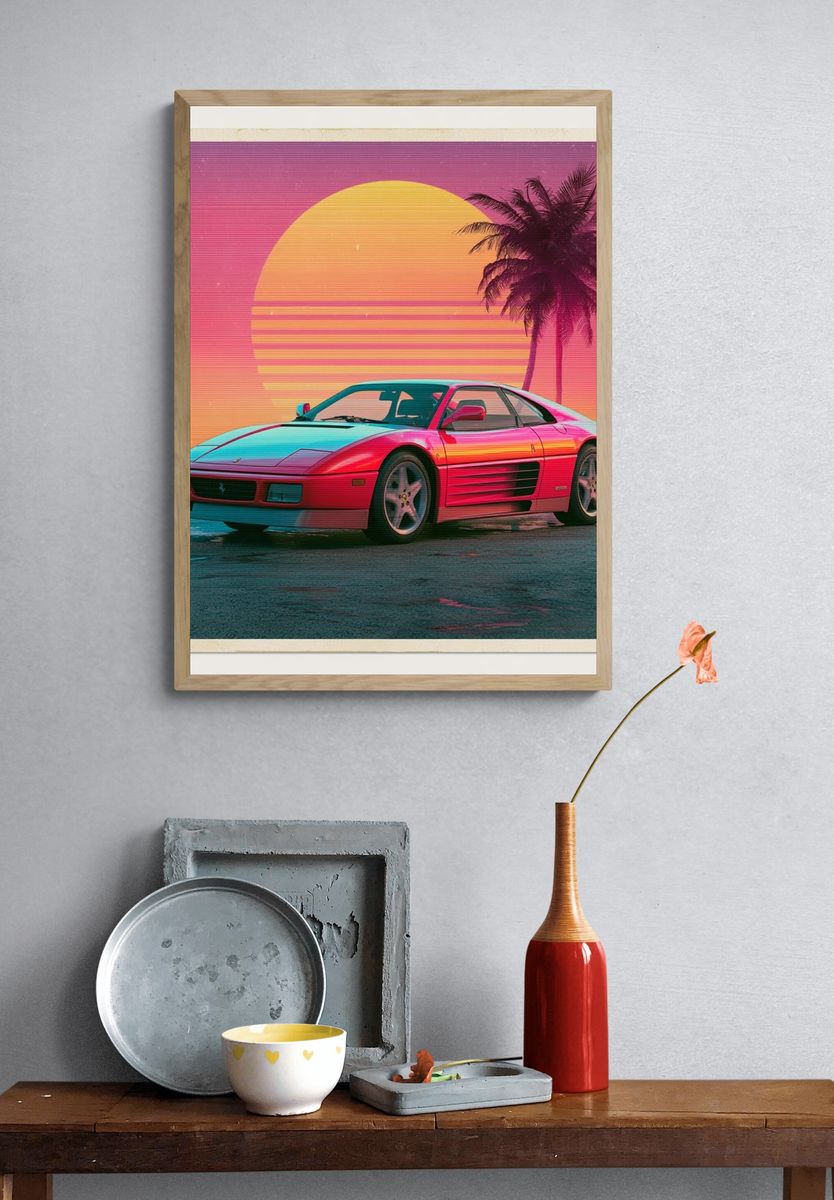 Neon Ferrari Sunset Poster. — room view 3