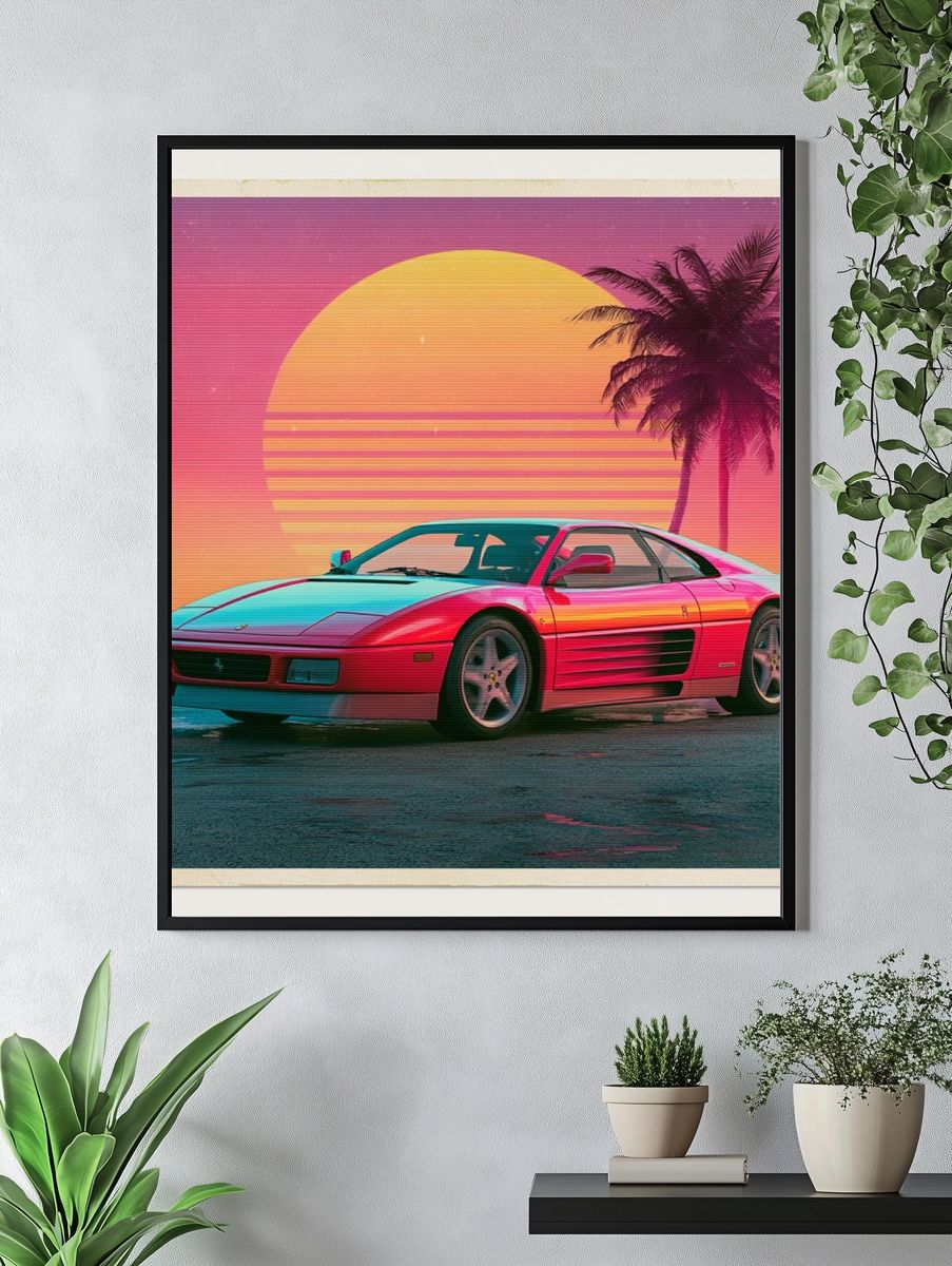 Neon Ferrari Sunset Poster. — room view 4
