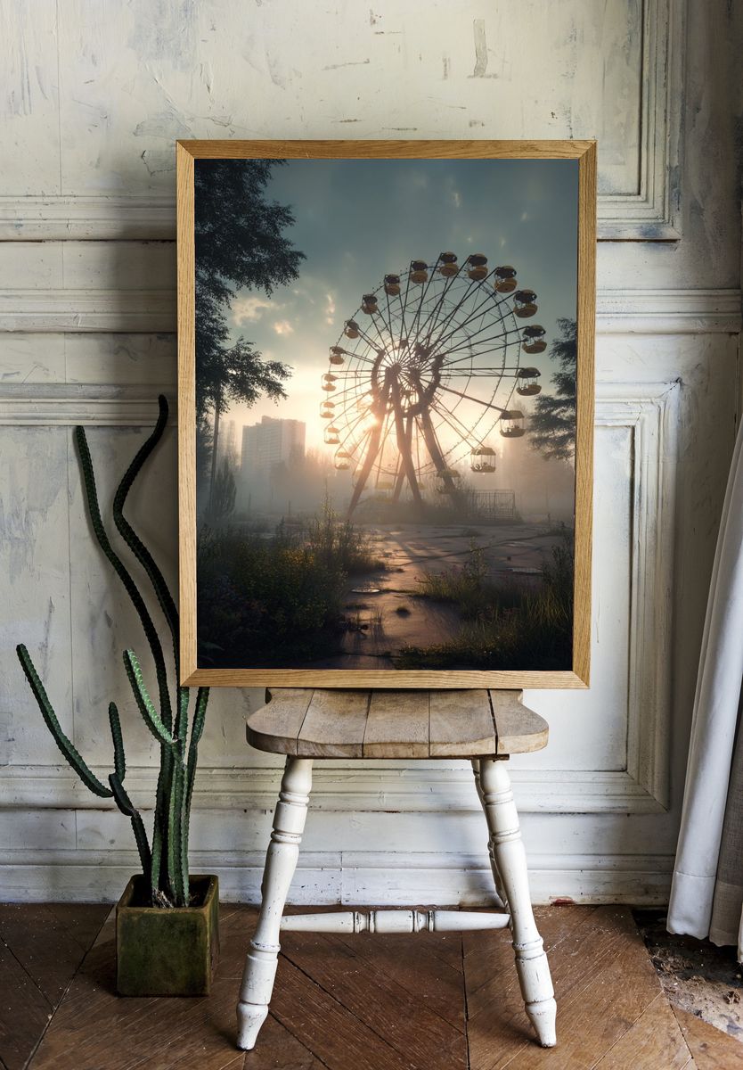 Abandoned Ferris Wheel Sunset Photography Poster. — room view 1