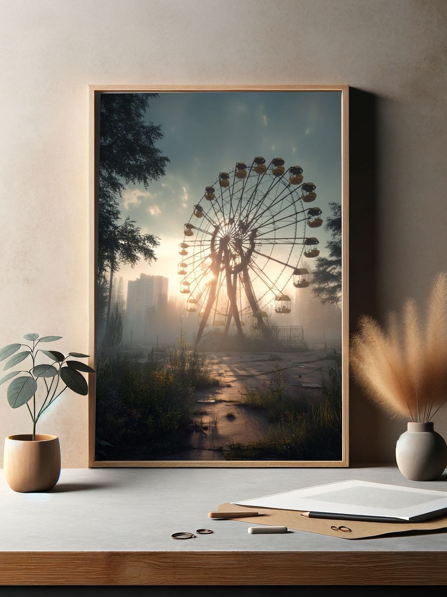 Abandoned Ferris Wheel Sunset Photography Poster. — room view 2