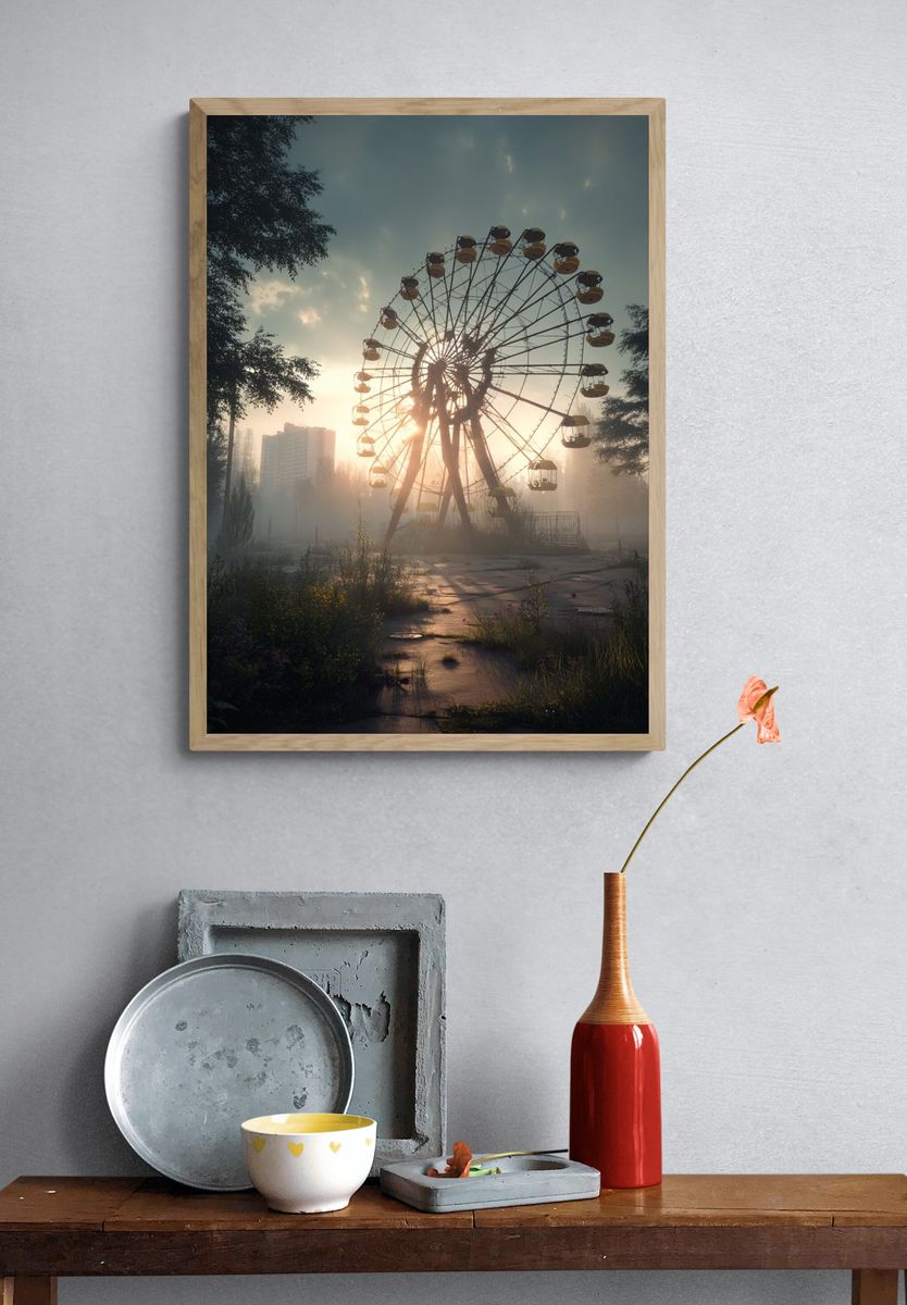Abandoned Ferris Wheel Sunset Photography Poster. — room view 3