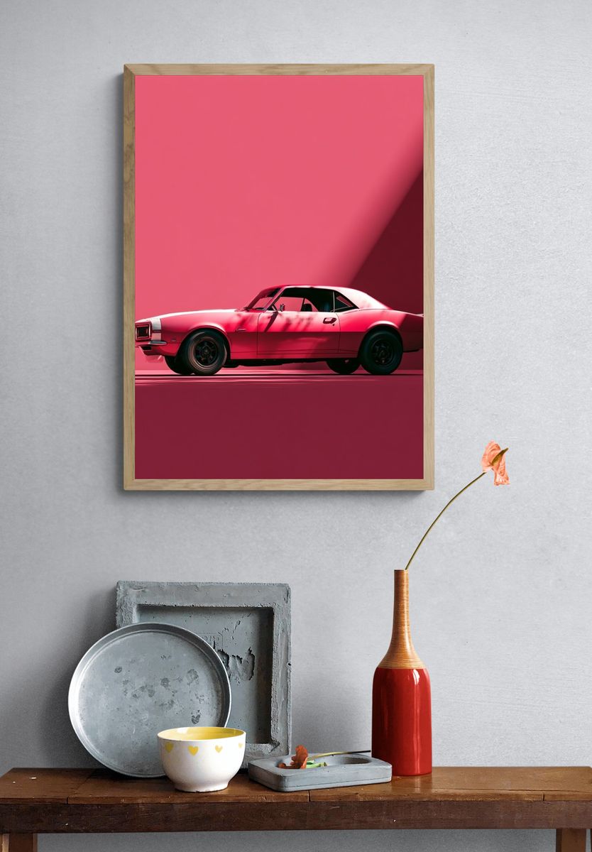 Pink Muscle Car Photography Poster. — room view 3