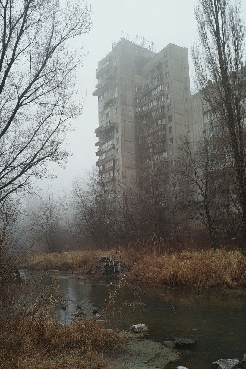 Foggy Brutalist Tower Poster. poster detail