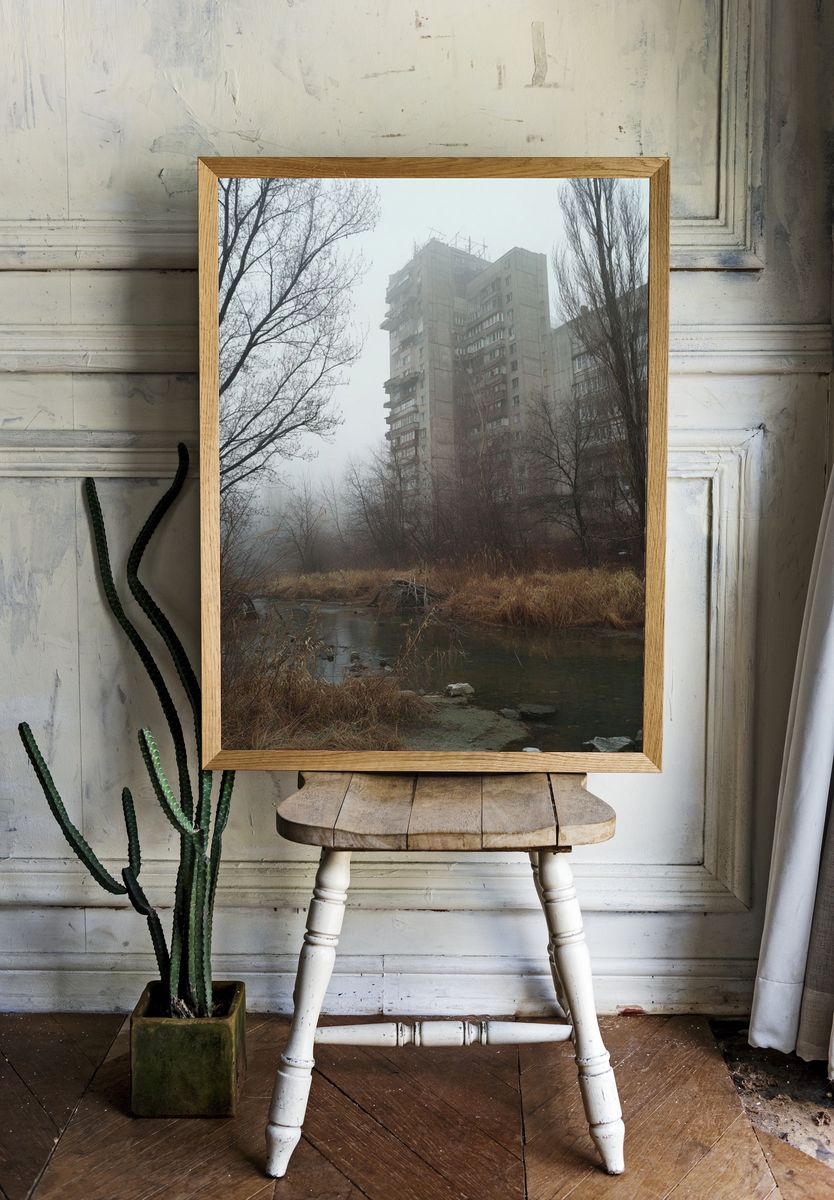 Foggy Brutalist Tower Poster. — room view 1