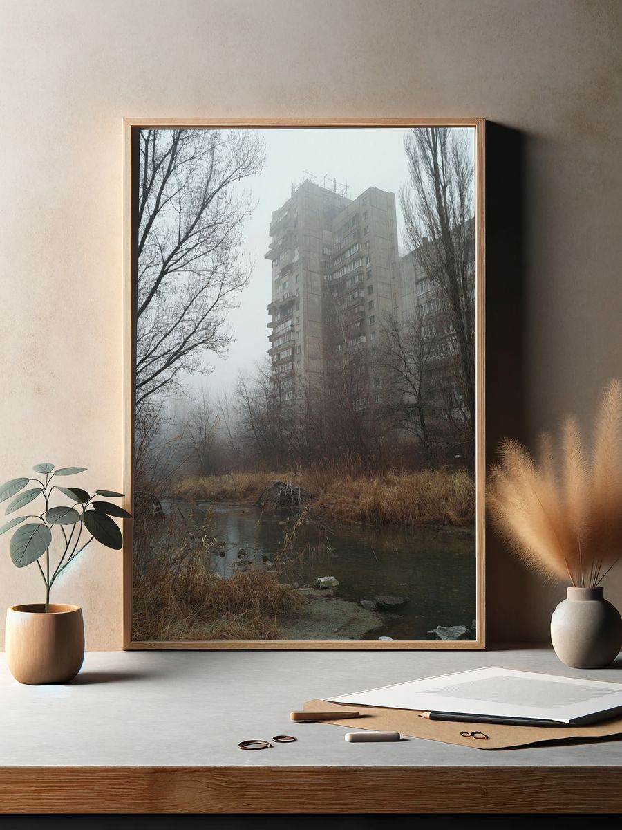Foggy Brutalist Tower Poster. — room view 2