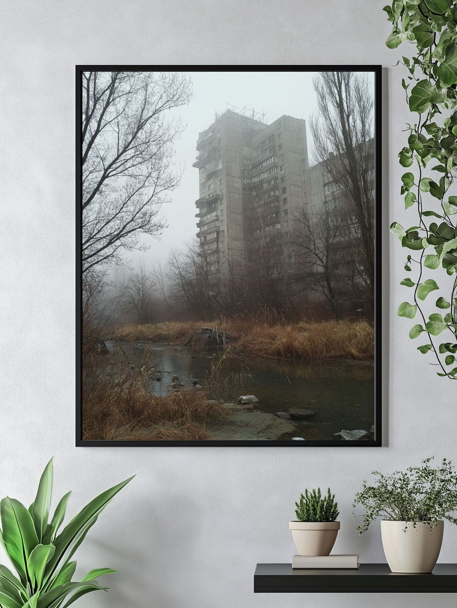 Foggy Brutalist Tower Poster. — room view 4