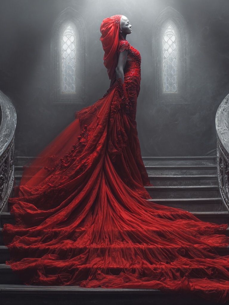 Crimson Gown Staircase Photography Poster. poster — photography art