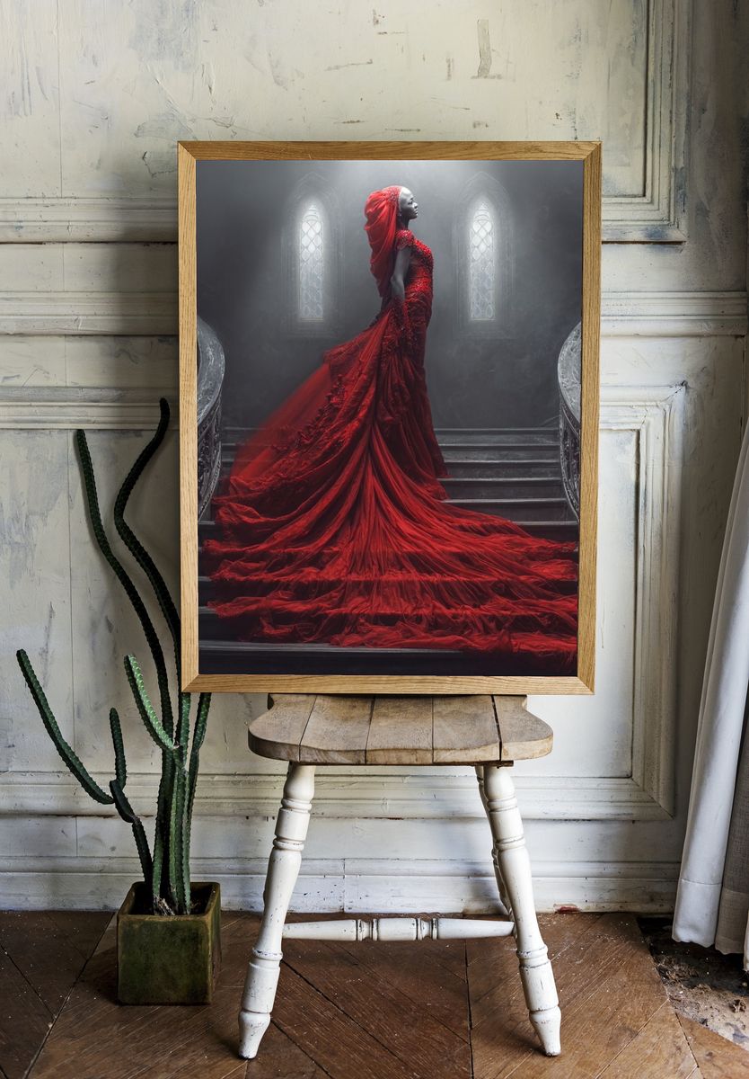 Crimson Gown Staircase Photography Poster. — room view 1