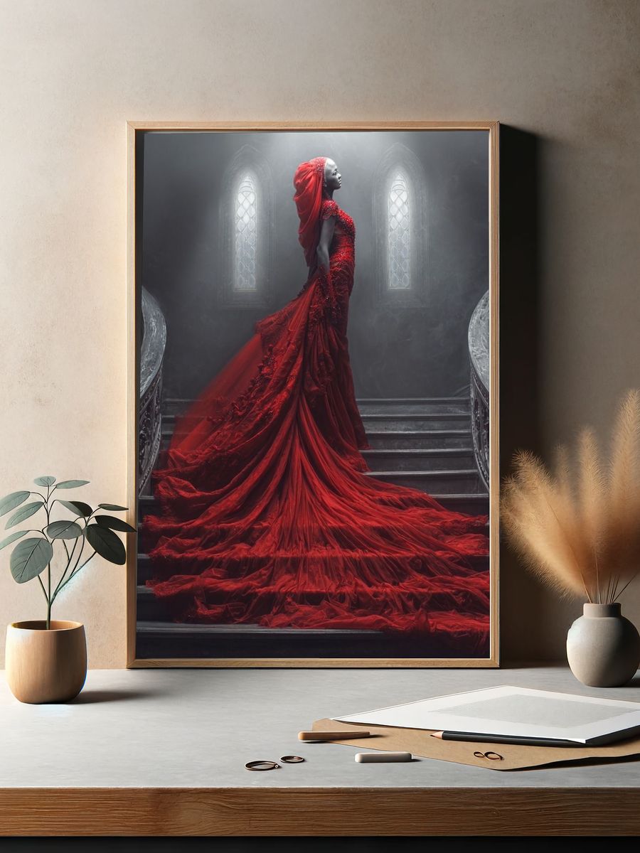 Crimson Gown Staircase Photography Poster. — room view 2