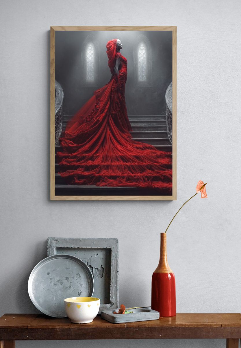 Crimson Gown Staircase Photography Poster. — room view 3