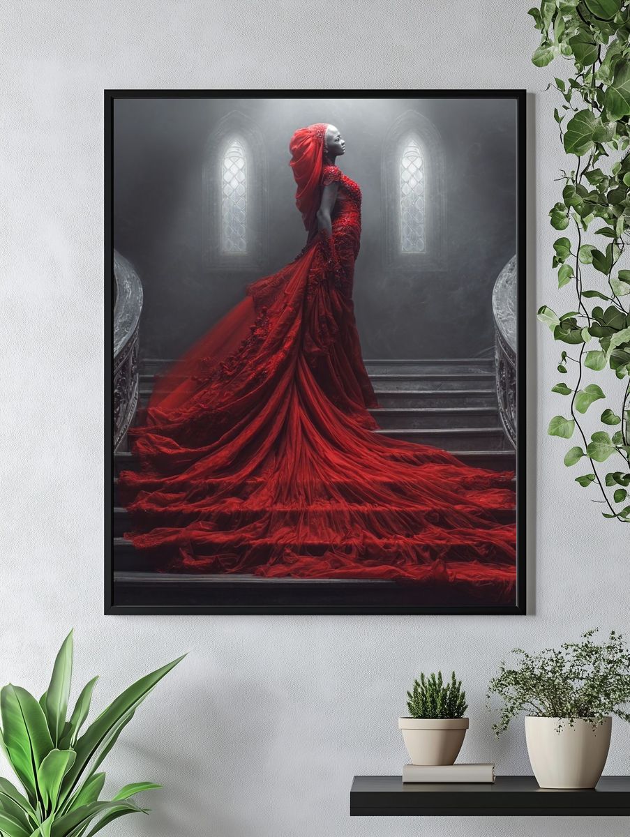 Crimson Gown Staircase Photography Poster. — room view 4