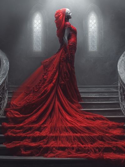 Crimson Gown Staircase Photography Poster. poster print