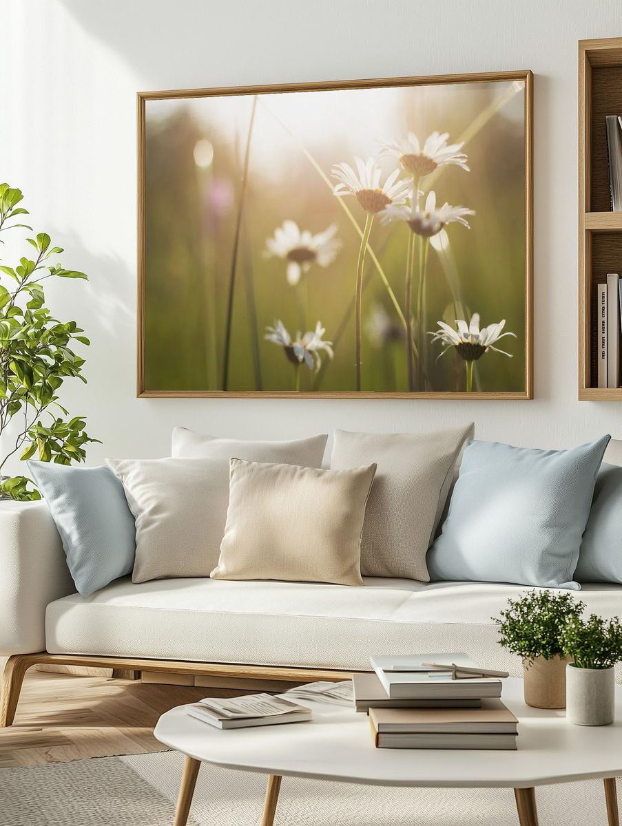 Sunlit Wild Daisies Photography Poster. — room view 2